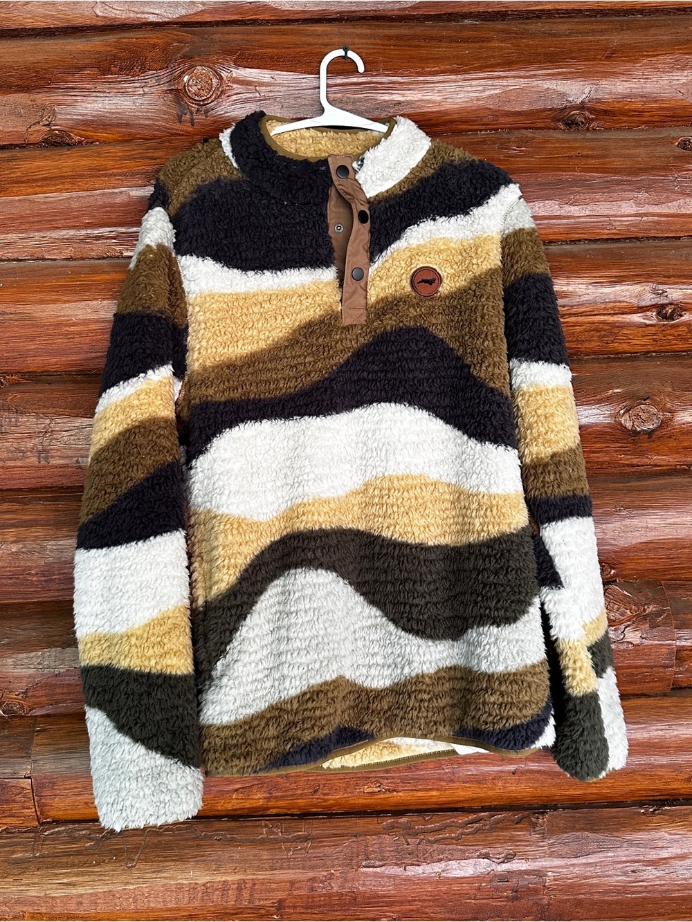 Men's Sherpa 3 button pullover in Brown, Black & Cream Wave Pattern